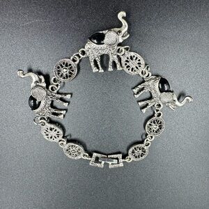 Vintage Onyx and Silver Tone Lucky Elephant Panel Link Bracelet
